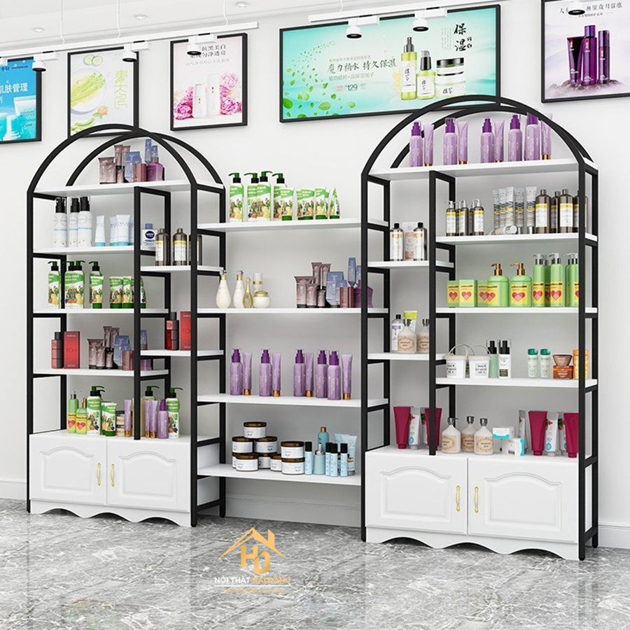 Mẫu kệ tủ trưng bày khung sắt mặt kệ được sử dụng chất liệu gỗ thiết kế hiện đại tu trung bay my pham 8